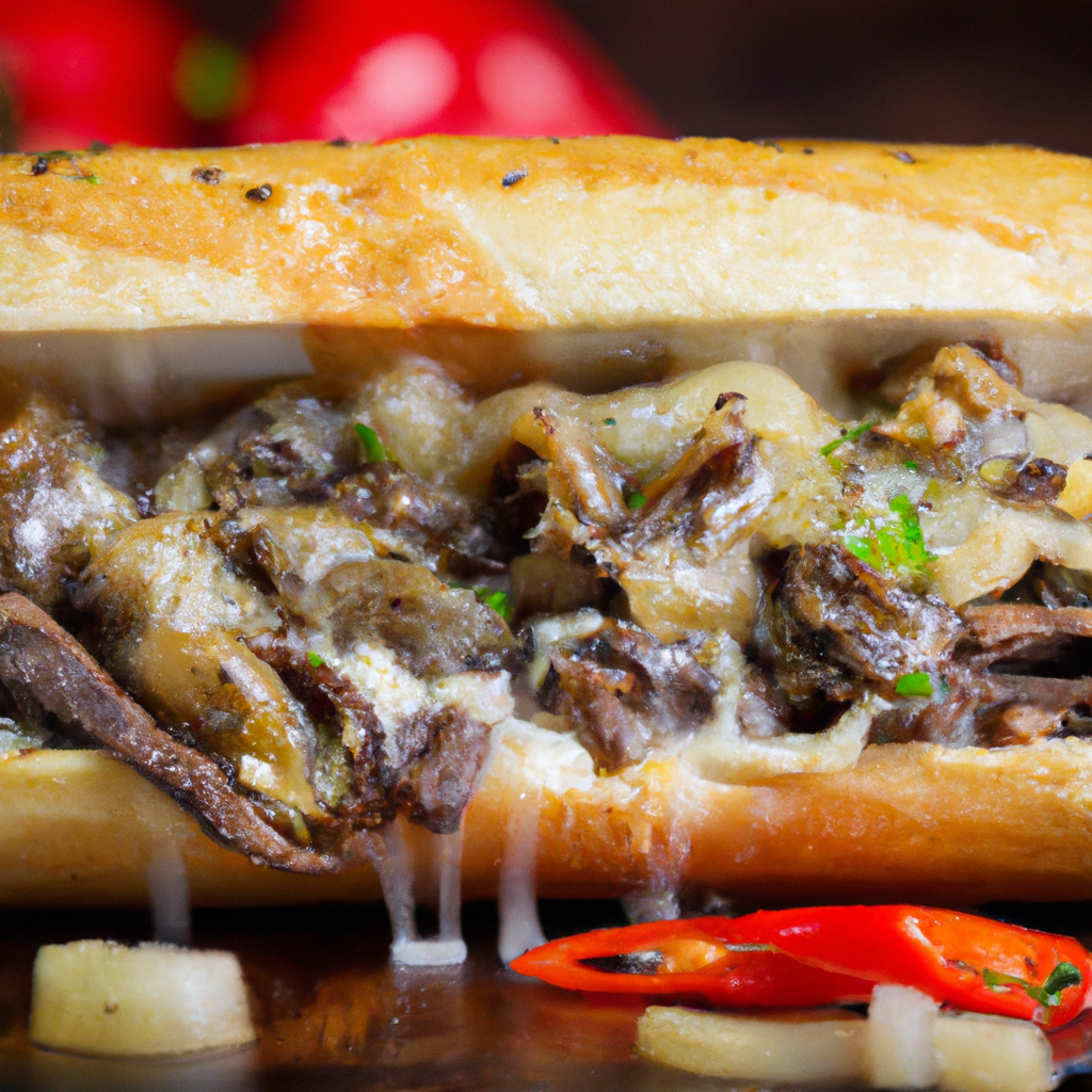 The Ultimate Philly Cheesesteak Sandwich is made with slices of sirloin steak, bell peppers, mushrooms, sweet onion, and garlic cooked to perfection and topped with Provel cheese on a freshly toasted baguette - all that makes for one delicious and complex sandwich! Every bite is a mix of chewy, crispy, and flavorful that you won't soon forget. Serve with a crisp pilsner for an unforgettable experience!